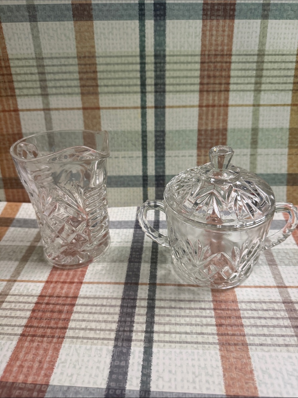 Anchor Hocking Clear Pressed Glass Creamer and Covered Sugar Set